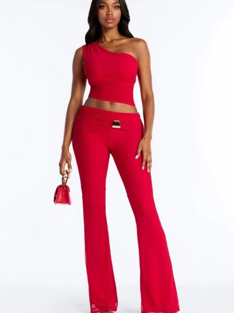 One-Shoulder Red Stretch Jumpsuit Pants Set